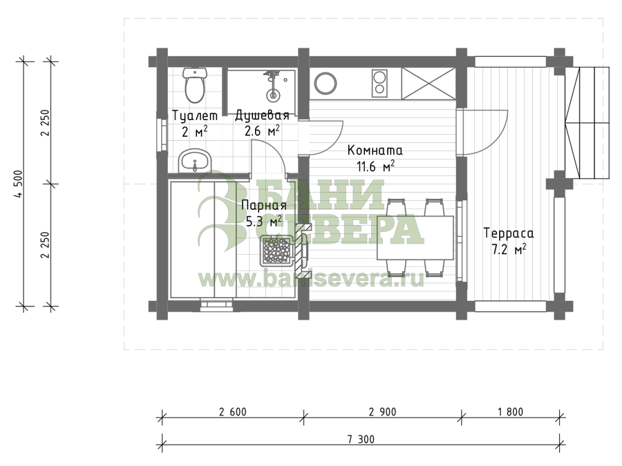 Проект бани из бревна 4.5x7.3 на заказ в Санкт-Петербурге